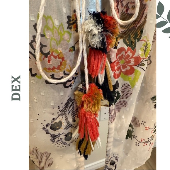 🛍️3/$40 DEX Sheer Floral Open | Tie Front Tassel Top | Boho Romantic Cream | 2X - Picture 6 of 9